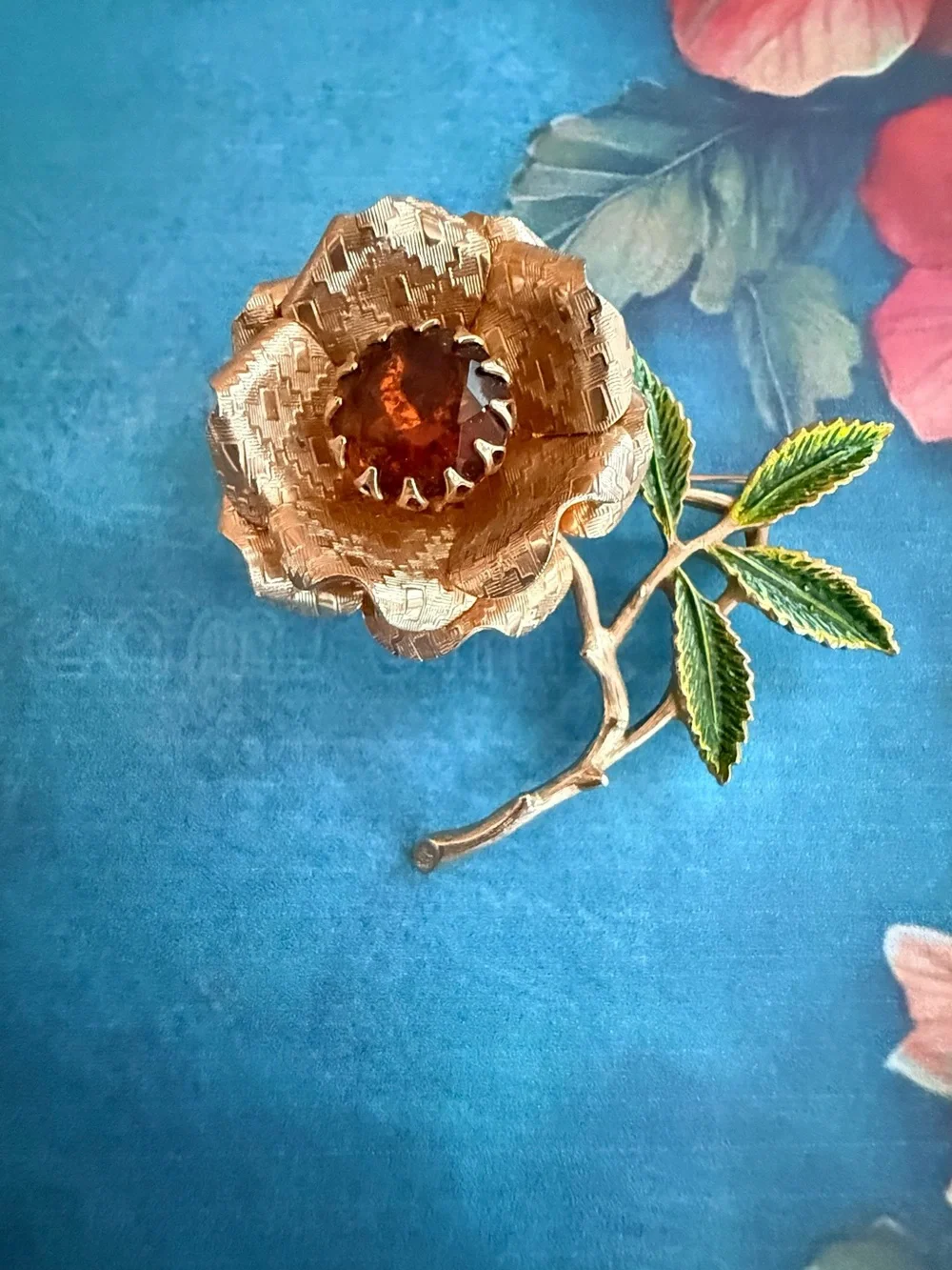 Gold-Tone Floral Brooch with Amber Center - Women Jewelry